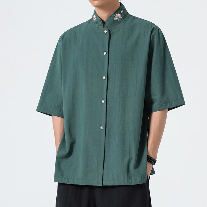 Buddha Stones Sommerliche Herrenhemden im Tang-Stil mit Stehkragen und Lotusstickerei - SeaGreen - US/ UK/AU46, EU56 (5XL) - image 0