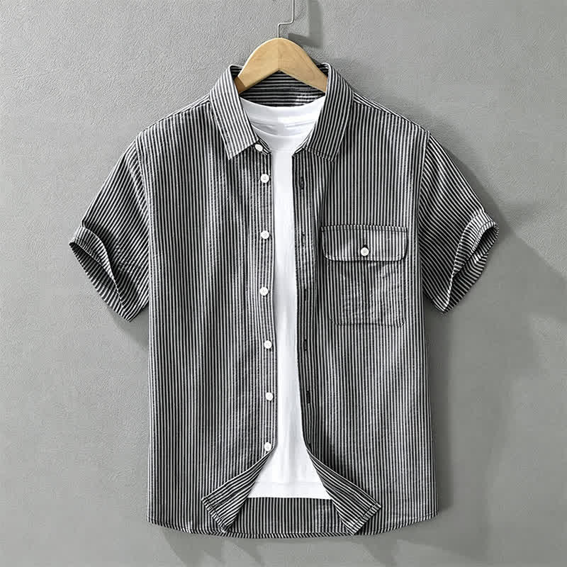 Buddha Stones Lässiges, gestreiftes Kurzarmhemd aus Baumwolle für Herren mit Knopfleiste und Ziertasche für den Sommer. - SteelBlue - US/ UK/AU42, EU52 (3XL) - image 13