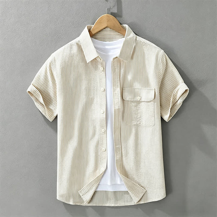 Buddha Stones Lässiges, gestreiftes Kurzarmhemd aus Baumwolle für Herren mit Knopfleiste und Ziertasche für den Sommer. - Weizen - US/ UK/AU42, EU52 (3XL) - image 1