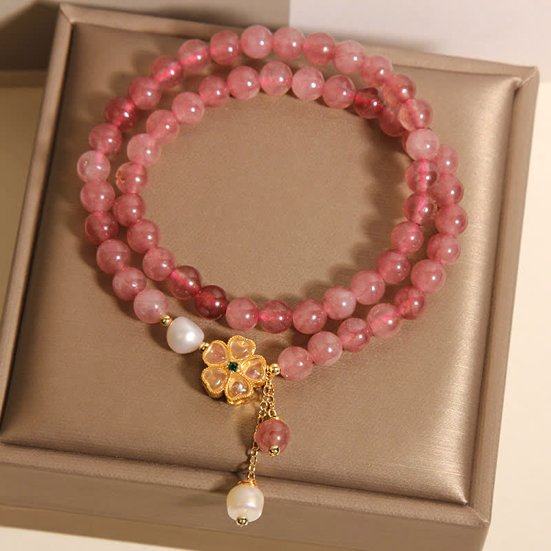 Buddha Stones Erdbeerquarz-Perlen-Kleeblatt-Liebes-Doppelwickelarmband - image 3