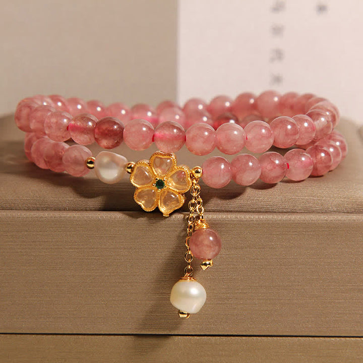 Buddha Stones Erdbeerquarz-Perlen-Kleeblatt-Liebes-Doppelwickelarmband - Erdbeerquarz (Liebe ♥ Heilung) - image 0