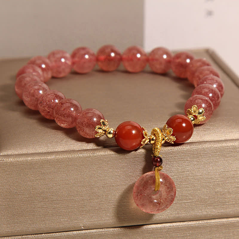 Buddha Stones Armband mit Erdbeerquarz-Friedensschnalle und runden Perlen - image 2