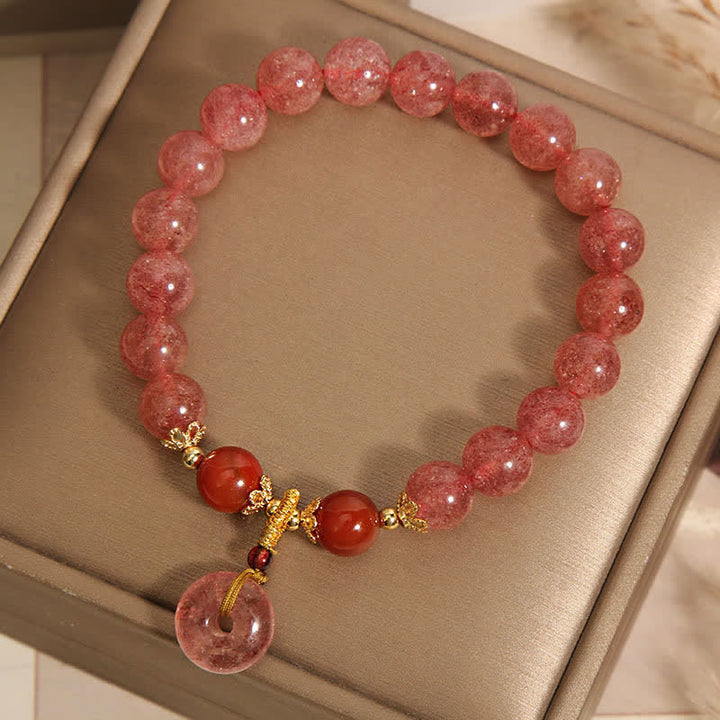 Buddha Stones Armband mit Erdbeerquarz-Friedensschnalle und runden Perlen - image 3