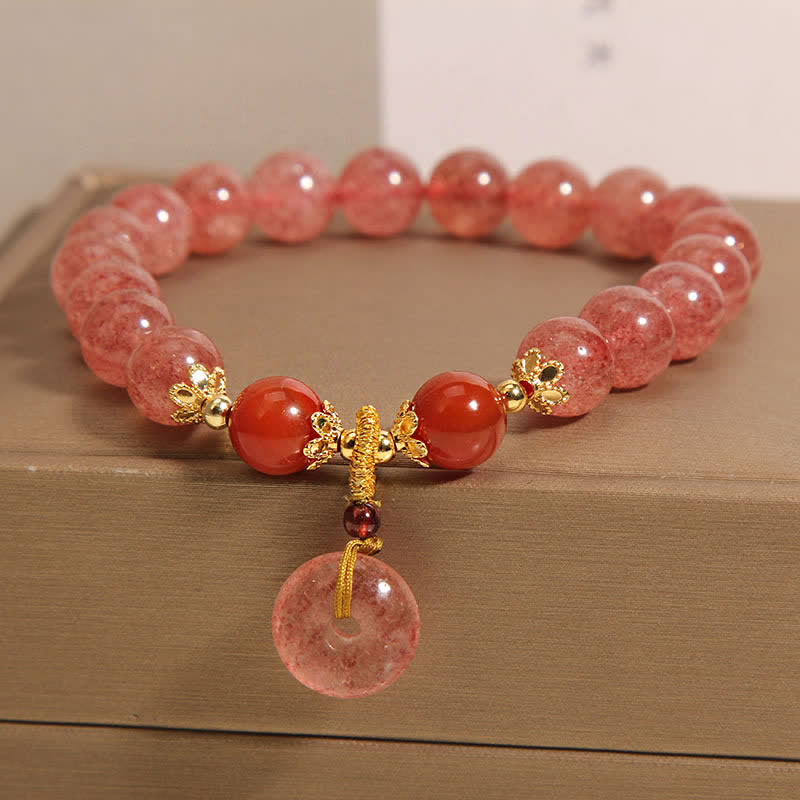 Buddha Stones Armband mit Erdbeerquarz-Friedensschnalle und runden Perlen - image 1