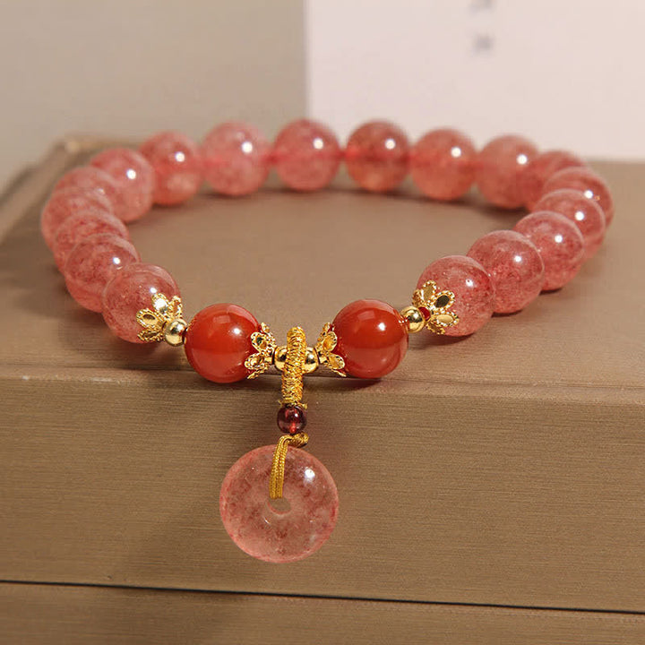 Buddha Stones Armband mit Erdbeerquarz-Friedensschnalle und runden Perlen - image 1