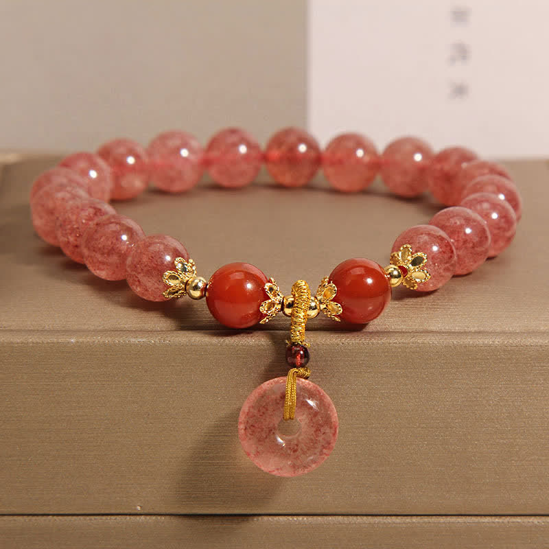 Buddha Stones Armband mit Erdbeerquarz-Friedensschnalle und runden Perlen - Erdbeerquarz (Liebe ♥ Heilung) - image 0