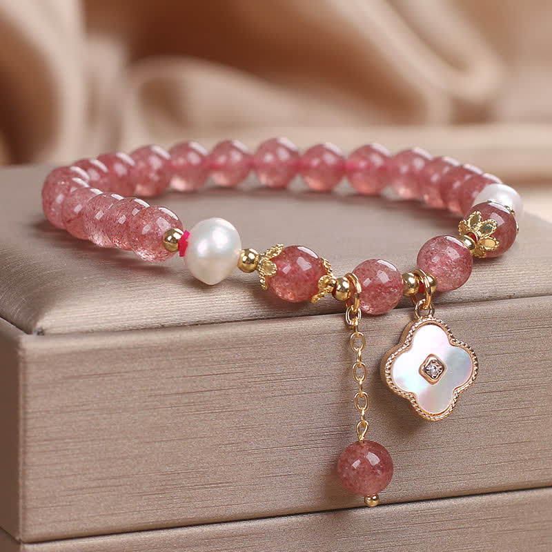 Buddha Stones Armband aus Erdbeerquarz, Perle, Muschel, vierblättrigem Kleeblatt und Liebesperlen - image 2
