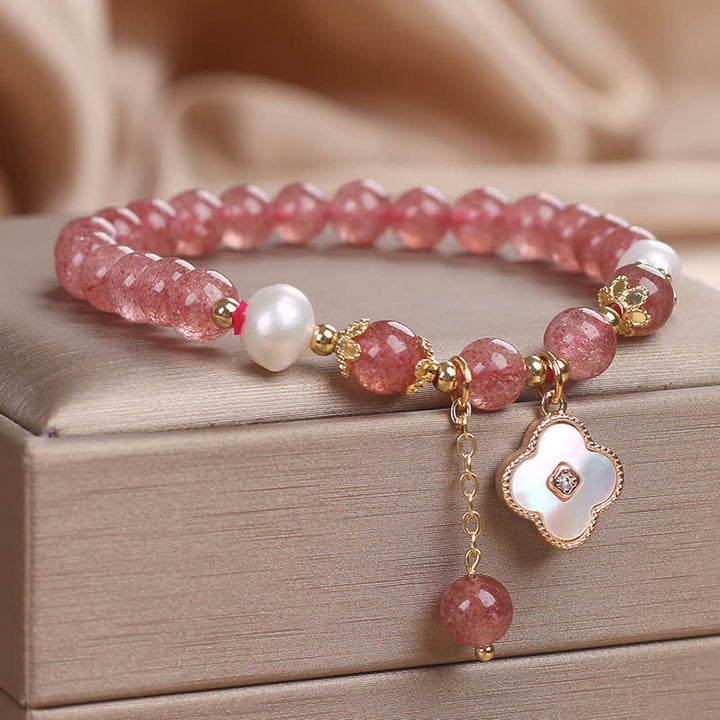 Buddha Stones Armband aus Erdbeerquarz, Perle, Muschel, vierblättrigem Kleeblatt und Liebesperlen - image 2
