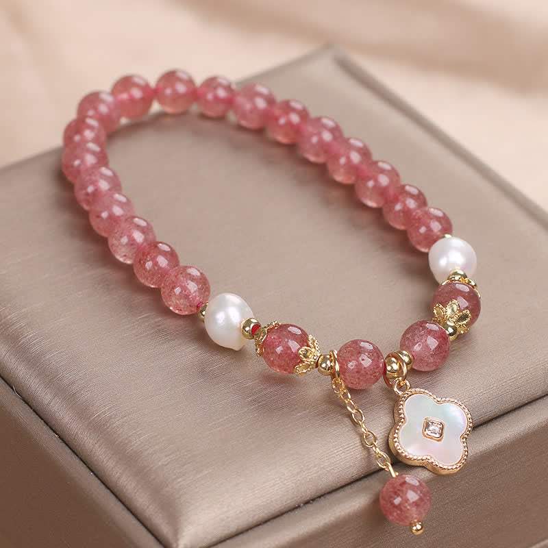 Buddha Stones Armband aus Erdbeerquarz, Perle, Muschel, vierblättrigem Kleeblatt und Liebesperlen - image 6