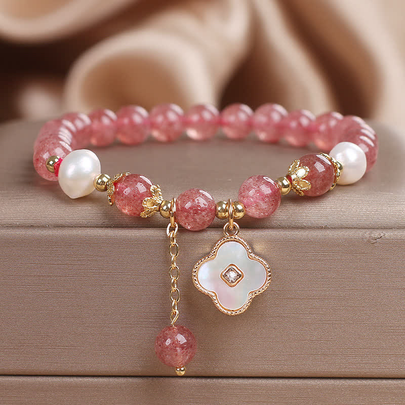 Buddha Stones Armband aus Erdbeerquarz, Perle, Muschel, vierblättrigem Kleeblatt und Liebesperlen - Erdbeerquarz (Liebe ♥ Heilung) - image 0