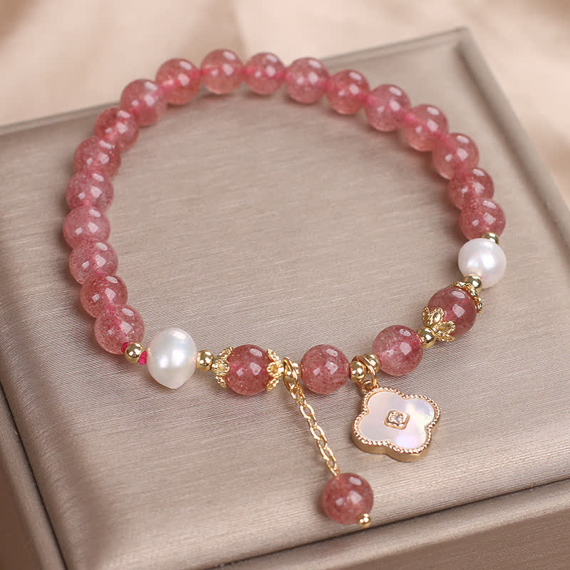 Buddha Stones Armband aus Erdbeerquarz, Perle, Muschel, vierblättrigem Kleeblatt und Liebesperlen - image 8