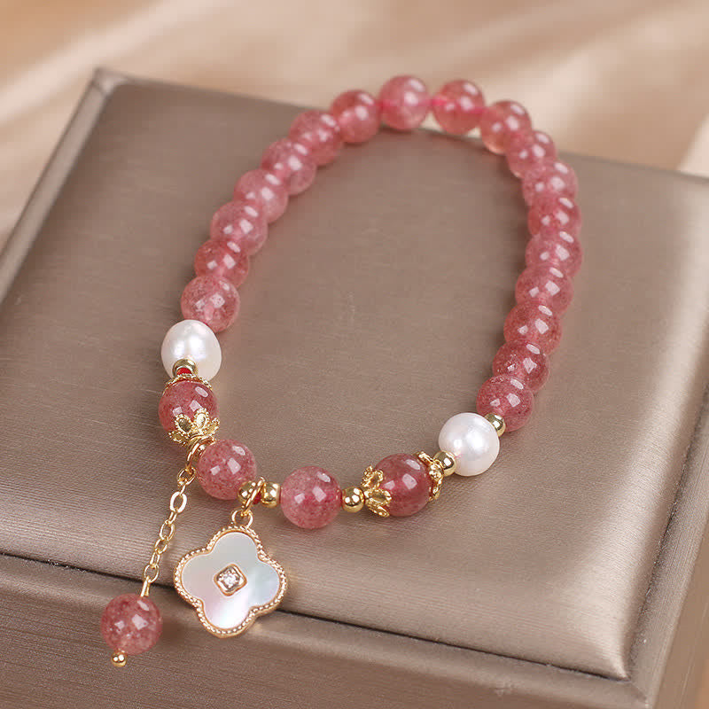 Buddha Stones Armband aus Erdbeerquarz, Perle, Muschel, vierblättrigem Kleeblatt und Liebesperlen - image 7