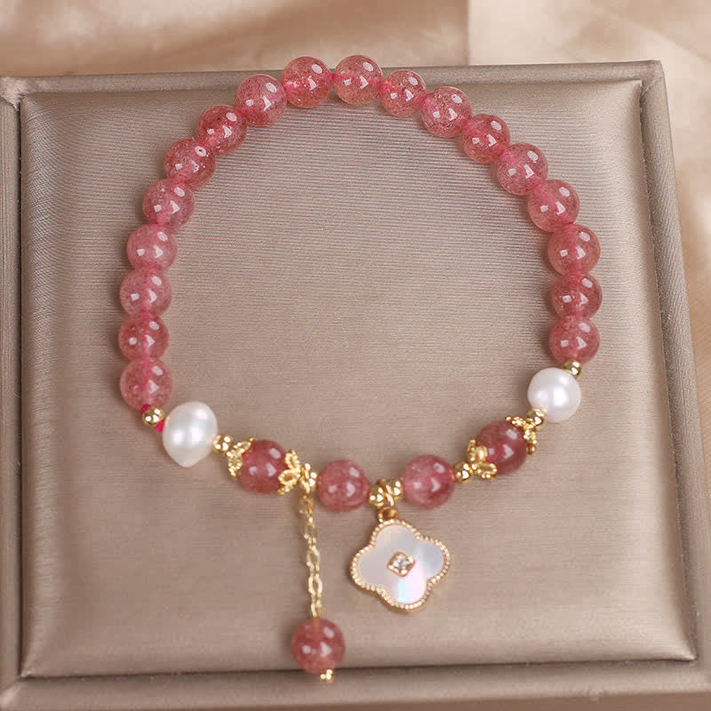 Buddha Stones Armband aus Erdbeerquarz, Perle, Muschel, vierblättrigem Kleeblatt und Liebesperlen - image 9