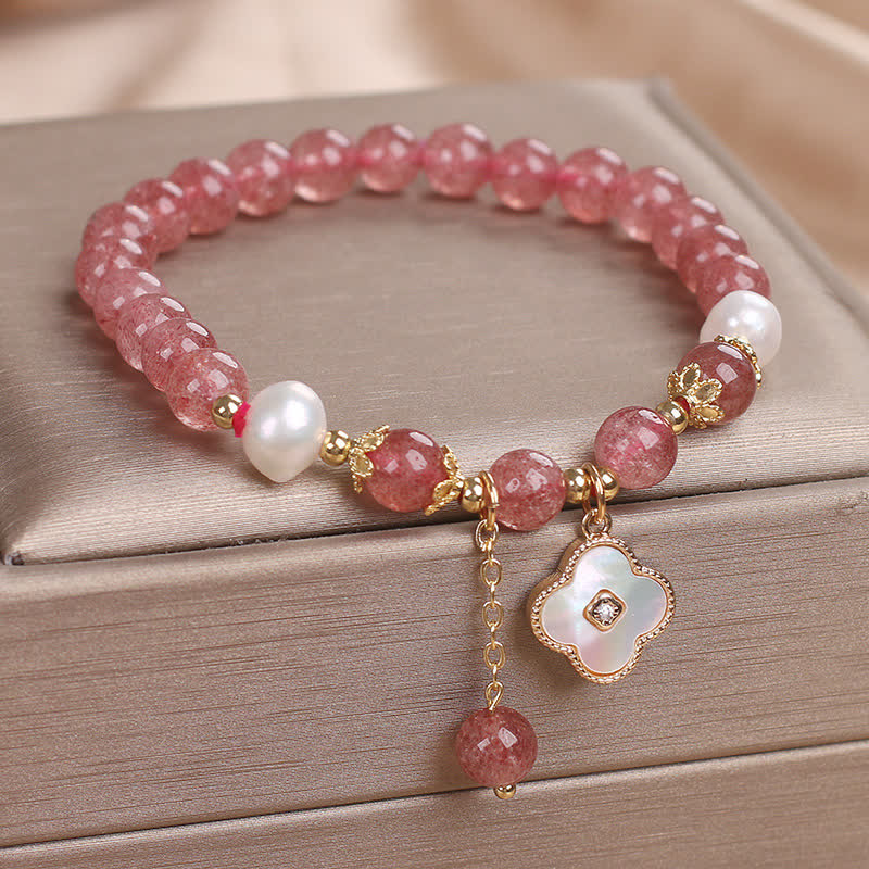 Buddha Stones Armband aus Erdbeerquarz, Perle, Muschel, vierblättrigem Kleeblatt und Liebesperlen - image 1