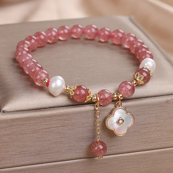 Buddha Stones Armband aus Erdbeerquarz, Perle, Muschel, vierblättrigem Kleeblatt und Liebesperlen - image 1