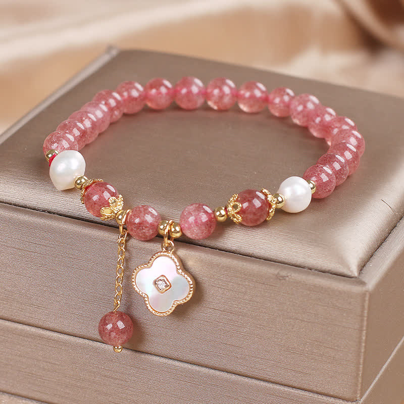 Buddha Stones Armband aus Erdbeerquarz, Perle, Muschel, vierblättrigem Kleeblatt und Liebesperlen - image 3