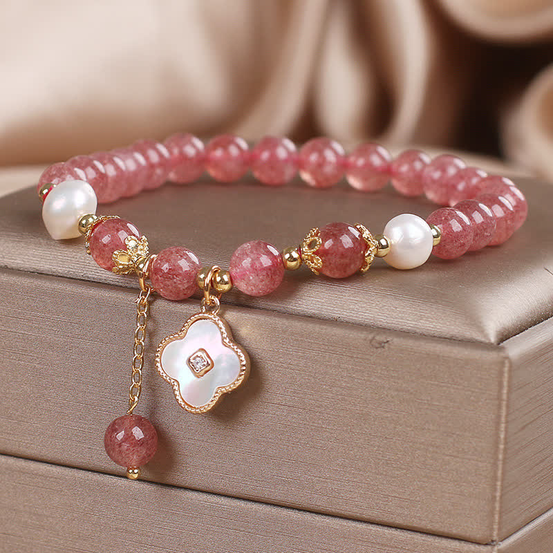 Buddha Stones Armband aus Erdbeerquarz, Perle, Muschel, vierblättrigem Kleeblatt und Liebesperlen - image 4