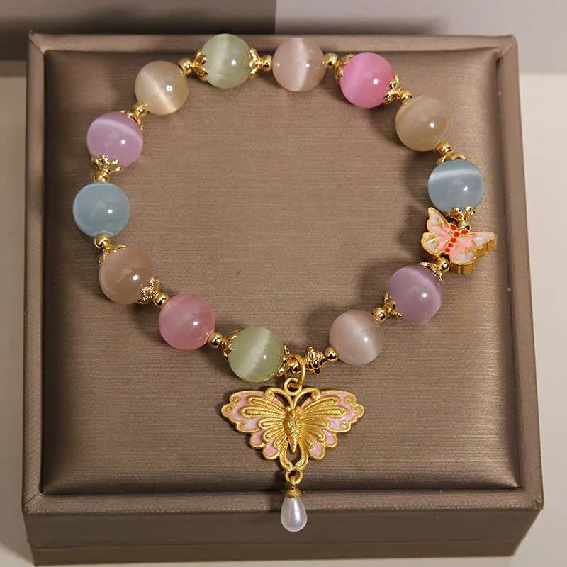 Buddha Stones Mehrfarbiges Perlenarmband mit Katzenaugen-Schmetterling und Liebesmotiv - image 4