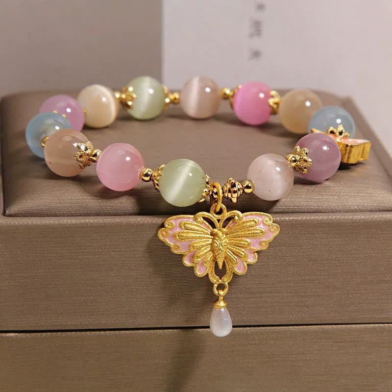Buddha Stones Mehrfarbiges Perlenarmband mit Katzenaugen-Schmetterling und Liebesmotiv - image 1