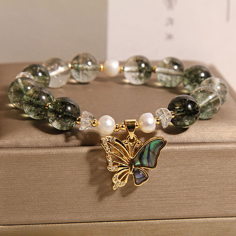 Buddha Stones Armband mit grünen Phantomperlen und Schmetterlingsmotiv - image 2