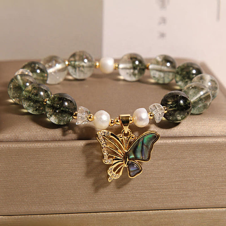 Buddha Stones Armband mit grünen Phantomperlen und Schmetterlingsmotiv - image 2