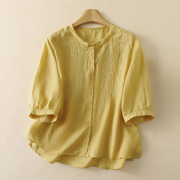 Buddha Stones Sommerliche Vintage-Damenbluse mit Blumenstickerei und Ellbogenlänge - Khaki - US 8-10, UK/AU 12-14, EU 40-42 (2XL) - image 0