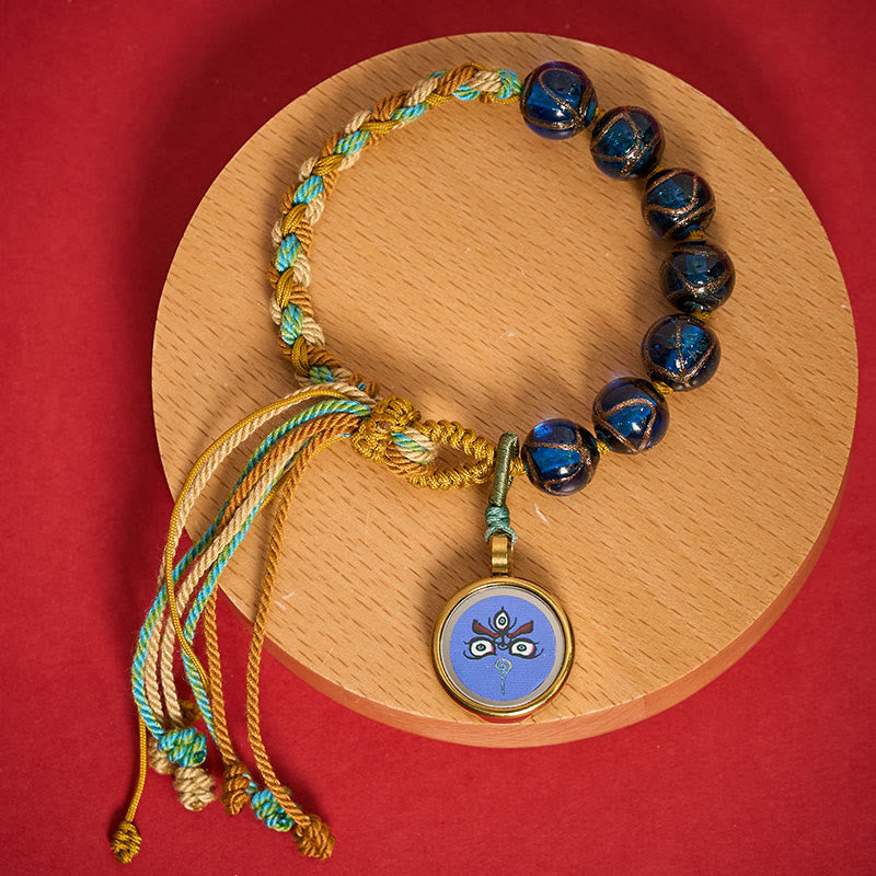Buddha Stones Tibetisches Liuli-Glasperlenarmband mit fünf Himmelsrichtungen, Göttern des Reichtums und Buddha-Augen - Blaues Jambhala (Handgelenkumfang 15-24 cm) - image 0