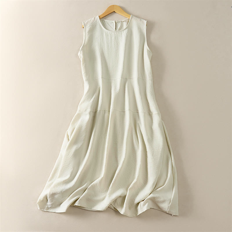Buddha Stones Sommerliches, ärmelloses Midikleid aus Baumwolle mit hohem Bund und Taschen für Damen - Leinen - US12, UK/AU16, EU44 (2XL) - image 3