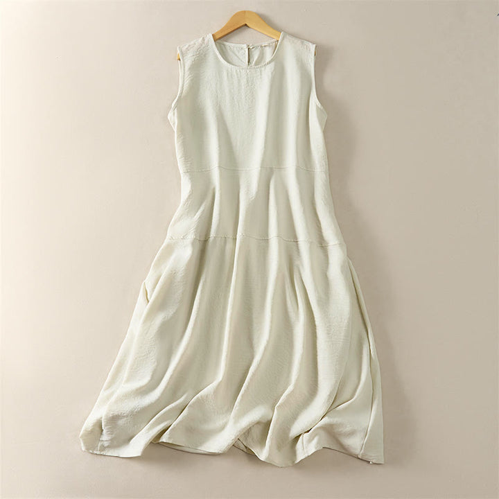 Buddha Stones Sommerliches, ärmelloses Midikleid aus Baumwolle mit hohem Bund und Taschen für Damen - Leinen - US12, UK/AU16, EU44 (2XL) - image 3
