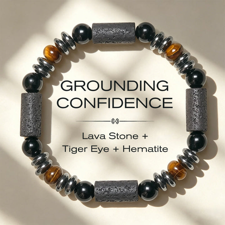 Buddha Stones Natürliches Armband aus Tigerauge-Obsidian, Hämatit und Lavagestein - 15-17 cm - image 0