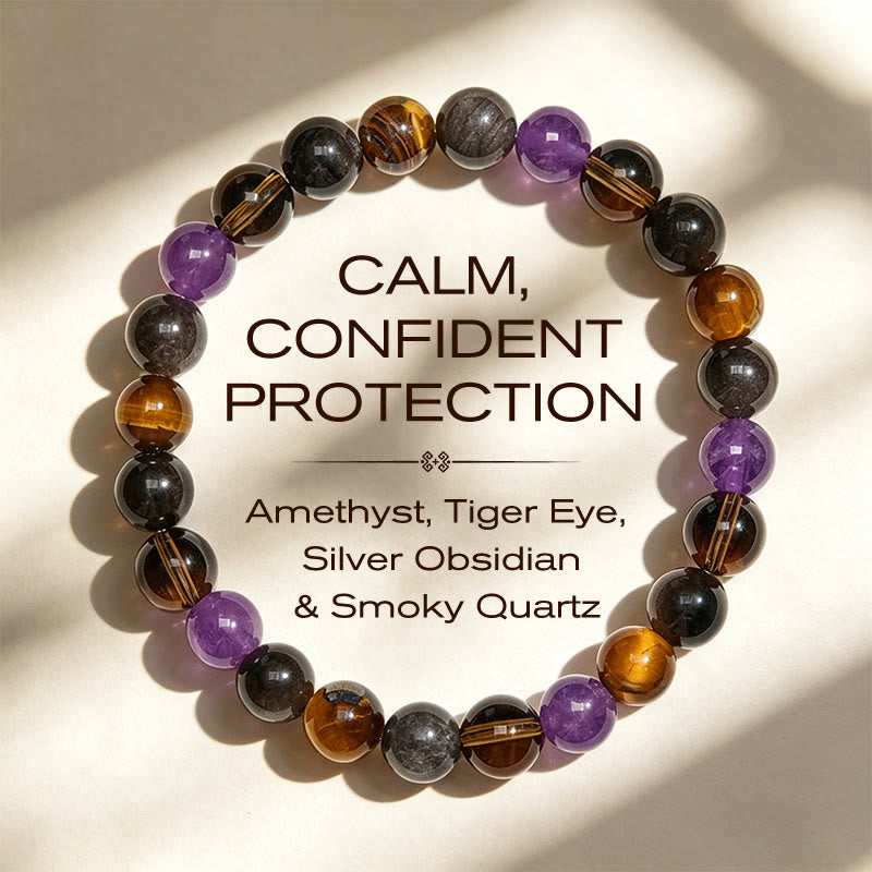 Buddha Stones Natürliches Amethyst-Tigerauge-Schwarzobsidian-Rauchquarz-Heilarmband - 14-16 cm - image 0