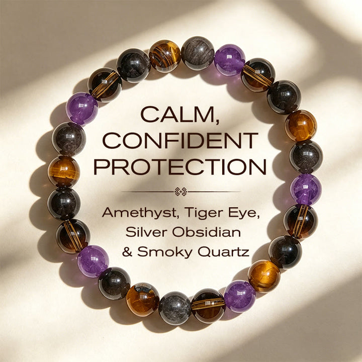 Buddha Stones Natürliches Amethyst-Tigerauge-Schwarzobsidian-Rauchquarz-Heilarmband - 14-16 cm - image 0