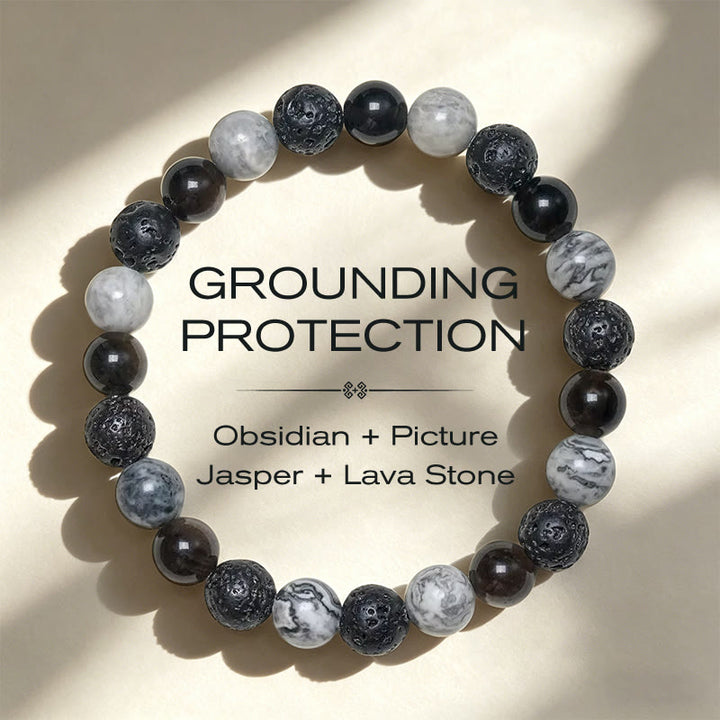 Buddha Stones Armband aus schwarzem Obsidian, Lavagestein und Picasso-Jaspisperlen - Schwarzer Obsidian, Picasso-Jaspis, Lavagestein (Handgelenkumfang 14-16 cm) - image 0