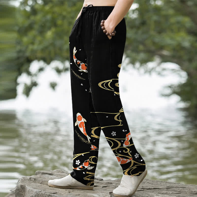 Buddha Stones Herrenhose aus Baumwolle mit Koi-Fisch-Wellenmuster, schmal zulaufend und mit Taschen - image 1