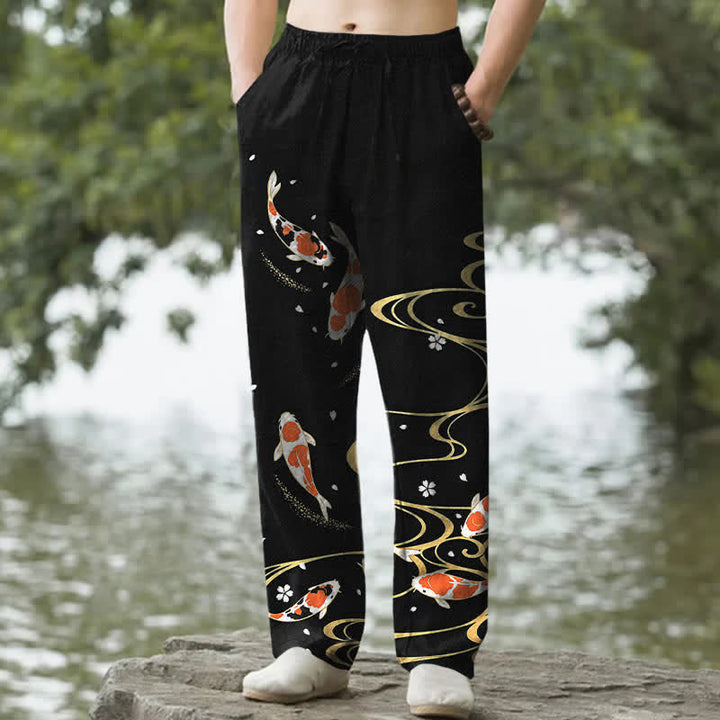 Buddha Stones Herrenhose aus Baumwolle mit Koi-Fisch-Wellenmuster, schmal zulaufend und mit Taschen - Schwarz - US/ UK/AU50, EU60 (5XL) - image 0