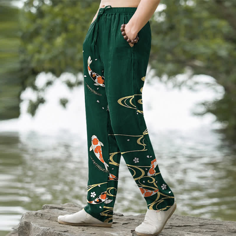 Buddha Stones Herrenhose aus Baumwolle mit Koi-Fisch-Wellenmuster, schmal zulaufend und mit Taschen - image 5