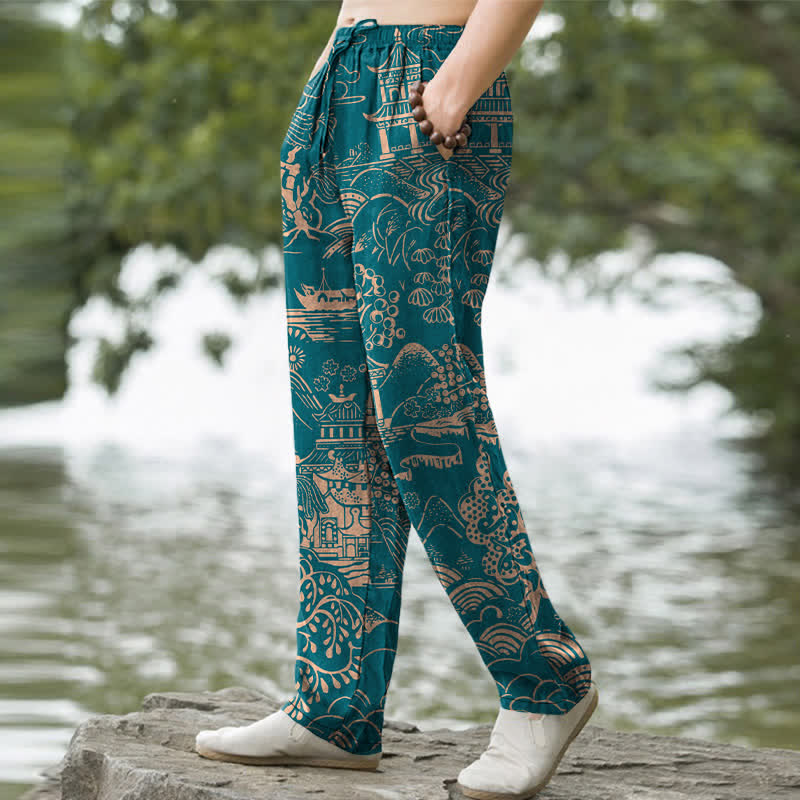 Buddha Stones Herrenhose aus Baumwolle mit orientalischem Landschaftsmuster, schmal zulaufend und mit Taschen - image 1