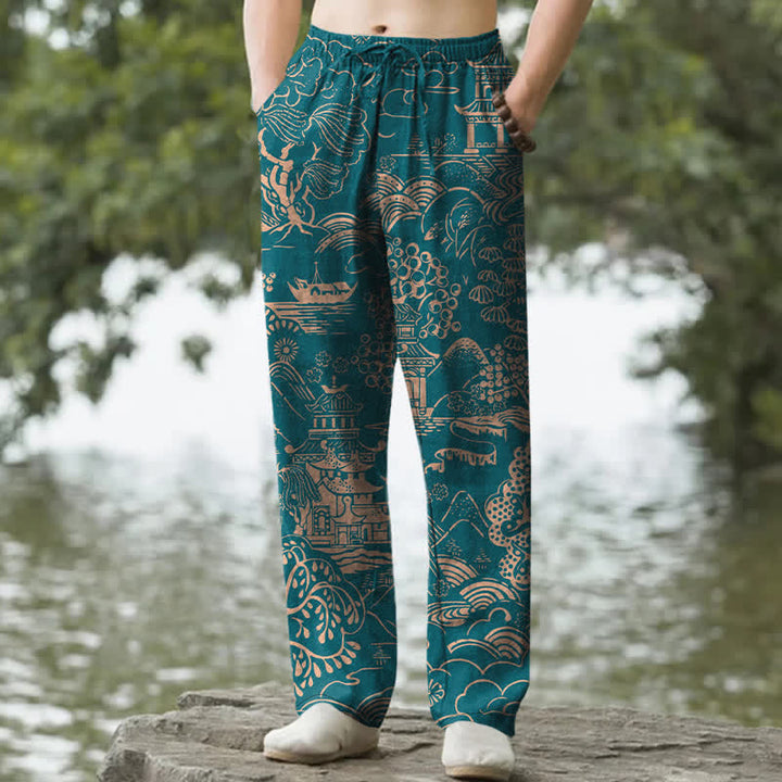 Buddha Stones Herrenhose aus Baumwolle mit orientalischem Landschaftsmuster, schmal zulaufend und mit Taschen - Türkis - US/ UK/AU50, EU60 (5XL) - image 0
