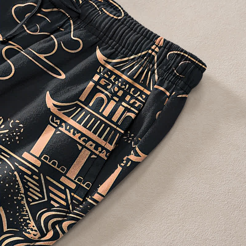 Buddha Stones Herrenhose aus Baumwolle mit orientalischem Landschaftsmuster, schmal zulaufend und mit Taschen - image 7