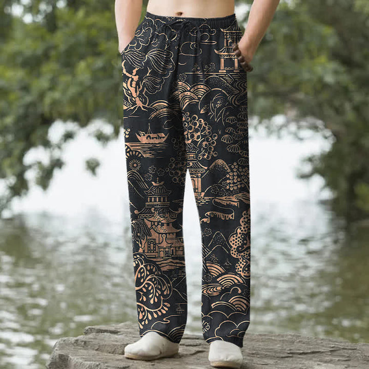 Buddha Stones Herrenhose aus Baumwolle mit orientalischem Landschaftsmuster, schmal zulaufend und mit Taschen - Schwarz - US/ UK/AU50, EU60 (5XL) - image 4