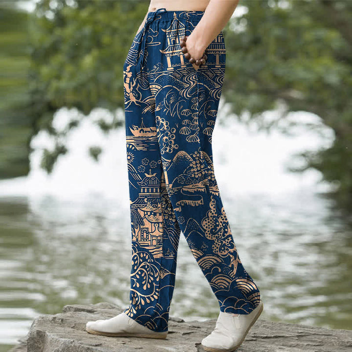 Buddha Stones Herrenhose aus Baumwolle mit orientalischem Landschaftsmuster, schmal zulaufend und mit Taschen - image 9