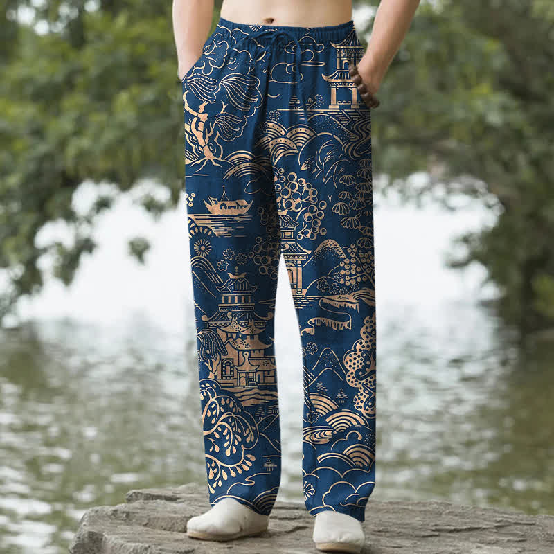 Buddha Stones Herrenhose aus Baumwolle mit orientalischem Landschaftsmuster, schmal zulaufend und mit Taschen - Marine - US/ UK/AU50, EU60 (5XL) - image 8