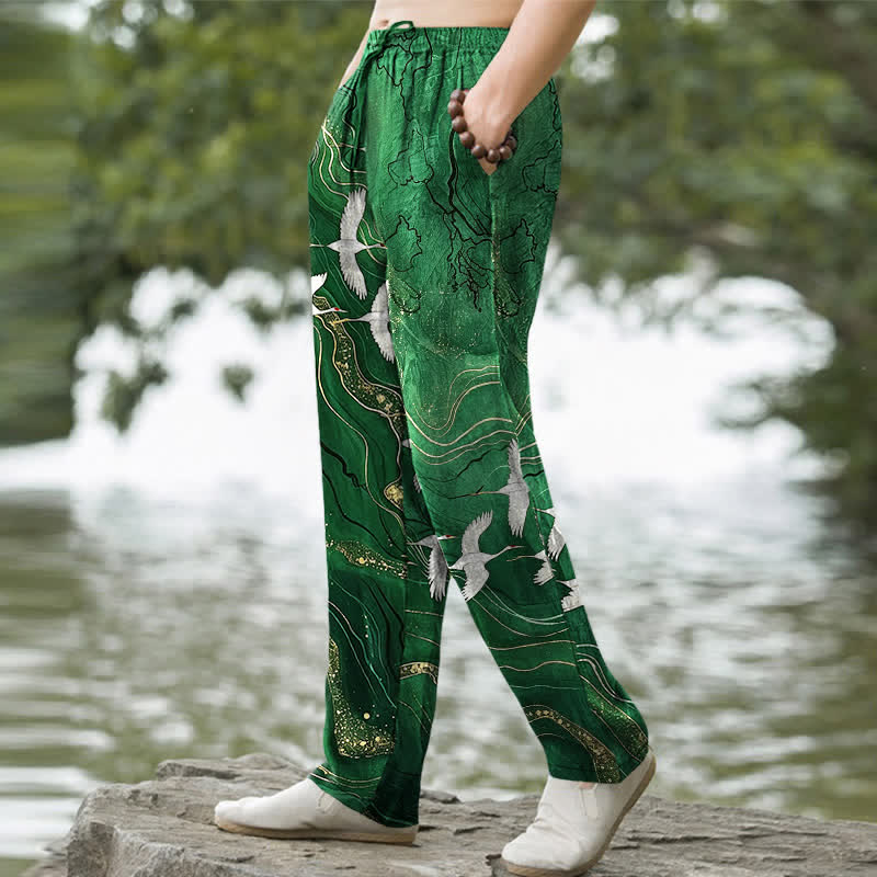 Buddha Stones Weiße, schmal zulaufende Herrenhose aus Baumwolle mit Kranich-Wellenmuster und Taschen - image 5