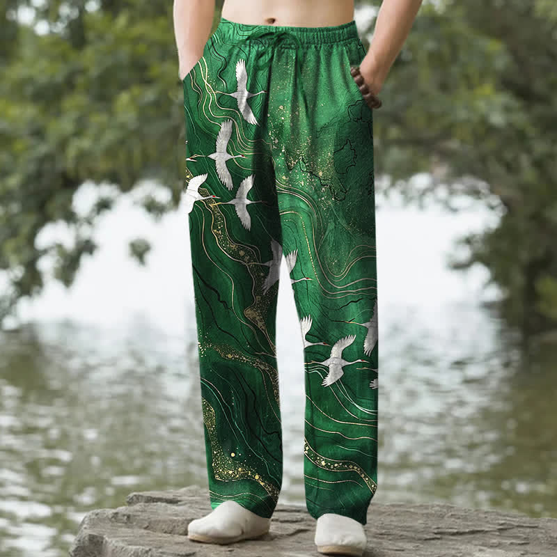 Buddha Stones Weiße, schmal zulaufende Herrenhose aus Baumwolle mit Kranich-Wellenmuster und Taschen - Waldgrün - US/ UK/AU50, EU60 (5XL) - image 4