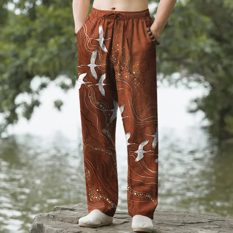 Buddha Stones Weiße, schmal zulaufende Herrenhose aus Baumwolle mit Kranich-Wellenmuster und Taschen - Sienna - US/ UK/AU50, EU60 (5XL) - image 8