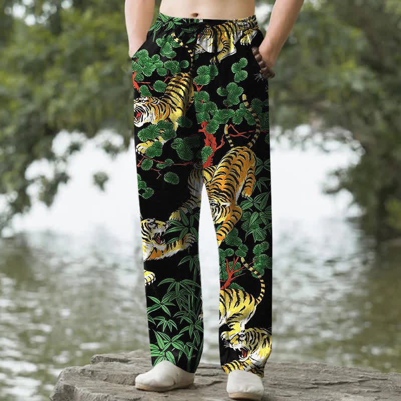 Buddha Stones Herrenhose aus Baumwolle mit Tiger-Dschungelmuster, schmal zulaufend und mit Taschen - Schwarz - US/ UK/AU50, EU60 (5XL) - image 0