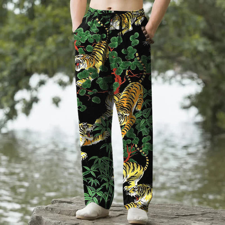 Buddha Stones Herrenhose aus Baumwolle mit Tiger-Dschungelmuster, schmal zulaufend und mit Taschen - Schwarz - US/ UK/AU50, EU60 (5XL) - image 0