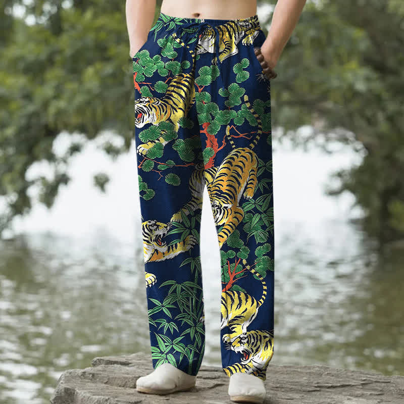 Buddha Stones Herrenhose aus Baumwolle mit Tiger-Dschungelmuster, schmal zulaufend und mit Taschen - Marine - US/ UK/AU50, EU60 (5XL) - image 4
