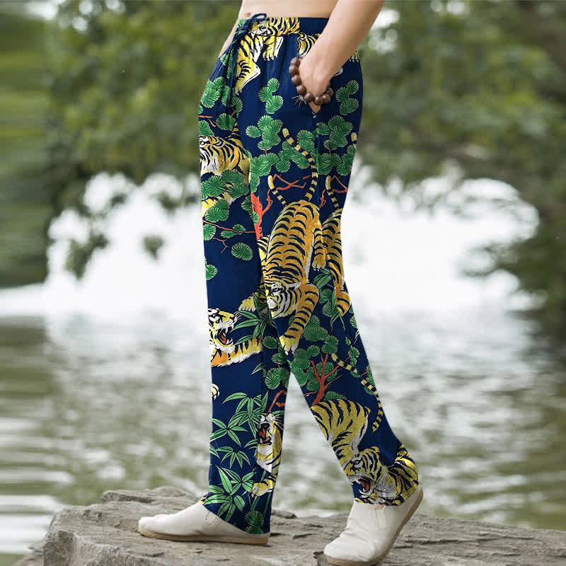 Buddha Stones Herrenhose aus Baumwolle mit Tiger-Dschungelmuster, schmal zulaufend und mit Taschen - image 5