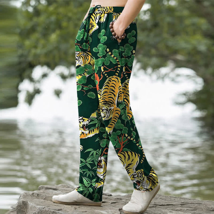 Buddha Stones Herrenhose aus Baumwolle mit Tiger-Dschungelmuster, schmal zulaufend und mit Taschen - image 9